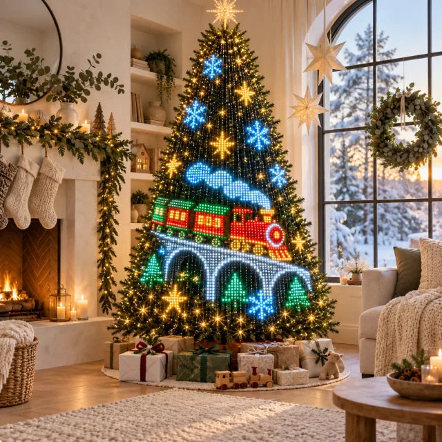 TreeSpark train Christmas light scene